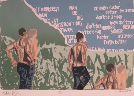 6 shirtless men walking with their backs to the viewer, walking through a meadow.  In the sky their is pink text. The text says s